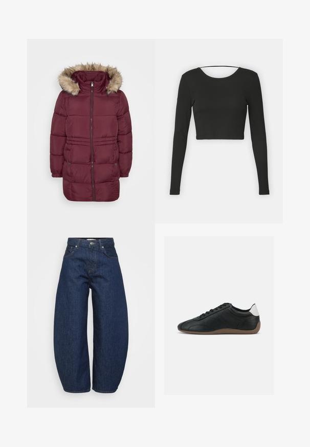 Tumepruunist pehmest talvejope, millel on ees lukk, elastsed mansetid, kaks nööbiga taskut ja kapuuts, mille ääres on helepruun sünteetiline karv.; Must mustriga pikkade varrukatega crop top, ümmarguse kaeluse ja siledast kangast. Omab lihtsat disaini, ilma mustrite või kaunistusteta.; Tumesinised teksapüksid laiade, lõdvalt istuvate lõigetega. Varustatud luku ja nelja taskuga ning kontrastse õmblusega õmbluste ääres.; Must nahk madal tennisejalanõu pruunide tallade, mustade paelte ja valge kontsakohaga, esitatud lihtsal heledal hallil taustal.