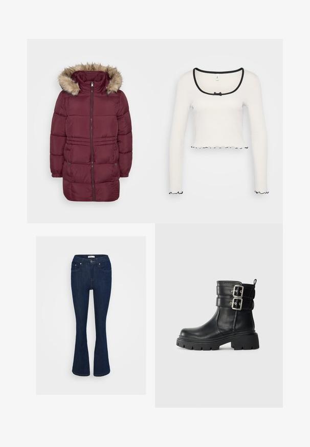 Manteau d'hiver matelassé bordeaux avec fermeture éclair sur le devant, poignets élastiques, deux poches à pression et capuche bordée de fausse fourrure brun clair.; Crop top blanc à manches longues avec un col arrondi large bordé de noir, un détail nœud au centre et un ourlet froncé noir aux poignets et à l'ourlet.; Jean flare en denim bleu foncé avec un design classique à cinq poches, fermeture à bouton métallique et accents de couture sur les poches.; Bottine en cuir noire avec semelle épaisse et deux sangles avec boucles en argent sur le côté, isolée sur un fond clair.