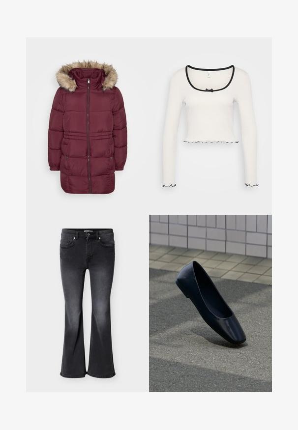 Manteau d'hiver matelassé bordeaux avec fermeture éclair sur le devant, poignets élastiques, deux poches à pression et capuche bordée de fausse fourrure brun clair.; Crop top blanc à manches longues avec un col arrondi large bordé de noir, un détail nœud au centre et un ourlet froncé noir aux poignets et à l'ourlet.; Jean évasé noir en denim, doté de quatre poches, passants pour ceinture, et d'une texture délavée avec une teinte légèrement plus foncée à l'ourlet.; Chaussure plate en cuir noir debout sur une surface asphaltée près du bord d'un trottoir carrelé.