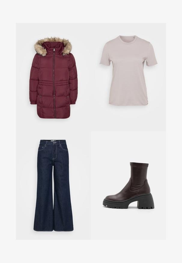 Manteau d'hiver matelassé bordeaux avec fermeture éclair sur le devant, poignets élastiques, deux poches à pression et capuche bordée de fausse fourrure brun clair.; T-shirt beige clair à manches courtes en coton, avec un col rond et une coupe décontractée, au toucher lisse et sans motifs visibles.; Pantalon large en denim foncé avec une taille haute, doté de poches avant, de surpiqûres contrastantes et d'un ourlet propre.; RAID ELSEA - Bottines à plateau - brown