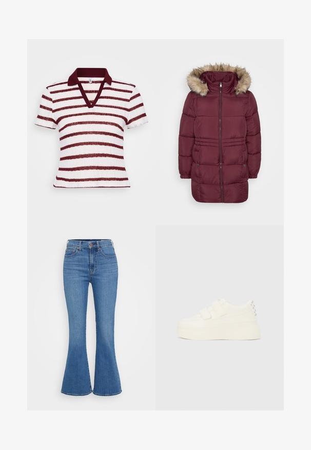 Manteau d'hiver matelassé bordeaux avec fermeture éclair sur le devant, poignets élastiques, deux poches à pression et capuche bordée de fausse fourrure brun clair.; Polo rayé avec un décolleté en V profond, des manches courtes et un col bordeaux. Il présente des rayures larges blanches et bordeaux alternées dans un tissu texturé.; Jeans évasés bleu clair avec une taille haute, en denim. Comprend deux poches avant et une fermeture à bouton à la taille.; Baskets à plateforme blanches avec double fermeture Velcro et clous argentés sur le talon, vues de côté sur un fond uni.