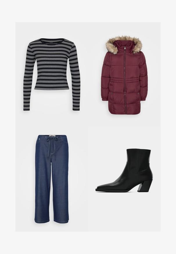 Abrigo de invierno acolchado en color burdeos con cremallera frontal, puños elásticos, dos bolsillos con presión y capucha adornada con pelo sintético de color marrón claro.; Camiseta de manga larga a rayas en blanco y negro con cuello redondo y un diseño ajustado. Fabricada en tejido acanalado con una textura suave.; Pantalones de pernera ancha de color azul oscuro con cintura con cordón, bolsillos frontales y costuras blancas visibles.; Bota de tobillo de cuero negro con punta afilada, una silueta elegante y un tacón cuadrado grueso. Textura suave con detalles de costura mínimos.