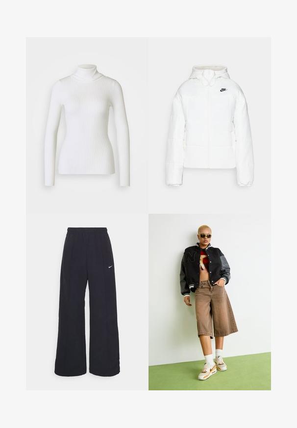 Nike Sportswear W NSW ESSTL THRMR CLSC PUFFER - Chaqueta de invierno - sail/black; Suéter blanco de cuello alto con canalé y mangas largas, que presenta un diseño ajustado y una textura suave. Cuello plano y aspecto sin costuras.; Pantalones de pierna ancha negros con una cintura elástica y un pequeño logo blanco de Nike. La tela tiene una textura suave, diseñada para la comodidad y el uso casual.; Persona con cabello corto rubio usando gafas de sol, chaqueta varsity negra, top gráfico corto, pantalones cortos de pierna ancha marrones y zapatillas Nike blancas, de pie sobre un suelo verde.