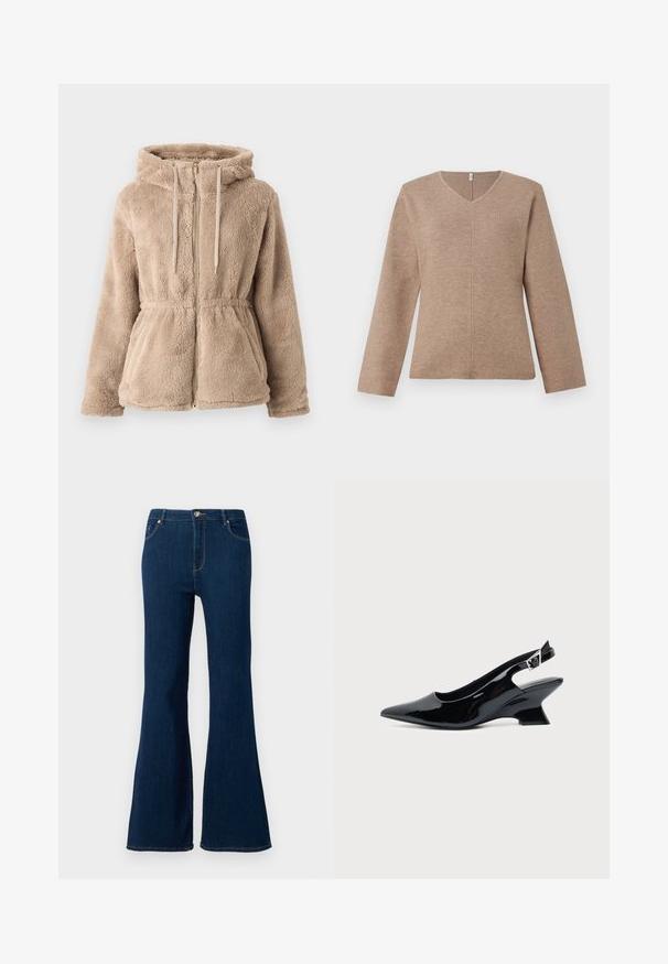Tan faux fur hoodie med lynlås, snoretræk, elastisk talje og to forlommer. Blød tekstur og afslappet pasform.; V-hals striktrøje i lysebrunt strikket stof, med lange ærmer og en central sømdetalje for en afslappet pasform. Glat tekstur, minimalistisk design.; Mørkeblå jeans med udvidet ben, lavet af denim. Funktioner inkluderer frontlukning med knap, femlommeredesign og syede detaljer på lommerne.; Sort laklæder slingback sko med spids tå og lav vinklet blokhæl på ensartet lys baggrund.