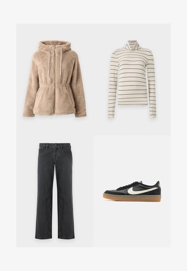 Veste à capuche en fausse fourrure beige avec fermeture éclair, cordon de serrage, taille élastique et deux poches avant. Texture douce et design décontracté.; Pull col roulé beige avec des rayures horizontales noires. Fabriqué en tissu doux, avec des manches longues et une coupe ajustée.; Jeans gris foncé à jambes larges en denim, avec une ceinture standard, cinq poches et une fermeture à bouton. Texture lisse et coutures uniformes.; Chaussure de sport noire avec une tige en cuir texturé, logo swoosh blanc et semelle en caoutchouc gomme. Design à lacets avec rembourrage au niveau du col.