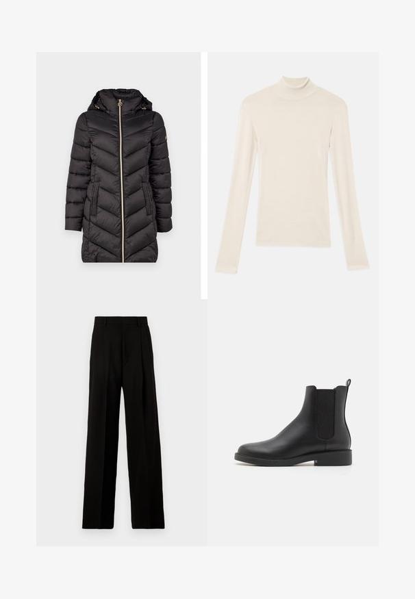 Sort quilted pufferjakke med høj krave, guld lynlås og to sidelommer. Har chevron-syninger og en aftagelig hætte.; Cremefarvet turtleneck langærmet top lavet af et blødt, let stof. Har et tætsiddende design med glatte sømme og en smal krave.; Sort vide bukser lavet af glat stof, med høj talje, pressefolder foran og et rent, skræddersyet design uden udsmykninger.; Sort læder ankelstøvle med elastiske sidepaneler, rund tå, lav blokhæl og en hængetab på bagsiden for nem påtagning.