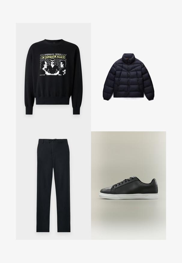 Schwarze gesteppte Jacke mit Frontreißverschluss, zwei Reißverschlusstaschen, hohem Kragen, elastischen Bündchen und einem runden Logo-Patch am linken Ärmel.; Schwarzer Pullover mit langen Ärmeln und gerippten Bündchen. Die Grafik auf der Vorderseite zeigt drei Figuren in einem Retro-Design mit gelben und weißen Textelementen.; Schwarze Hose aus leichtem Material, mit geradem Schnitt, verstellbarem Kordelzugbund und zwei seitlichen Taschen.; Schwarzer Sneaker mit niedrigem Schaft, weißer Gummisohle und schwarzen Schnürsenkeln, seitlich auf hellem beigem Hintergrund dargestellt.