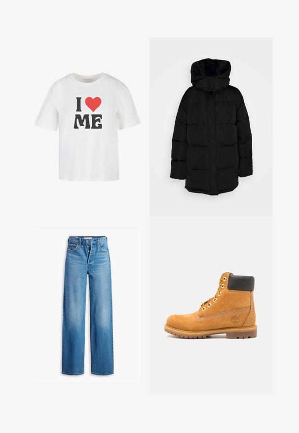 Abrigo acolchado negro con capucha, presenta un diseño acolchado y cierre frontal, fabricado con una tela suave y ligera.; Camiseta de algodón blanca con manga corta, que presenta un texto en negro en negrita "I," un corazón rojo y "ME" en una fuente informal.; Vaqueros de mezclilla azul con una cintura alta, diseño de pierna ancha y estilo de cinco bolsillos. Presenta una cremallera de botón y un acabado deslavado.; Botín de cuero marrón con acolchado negro, ojales dorados y suela texturizada. Presenta un logotipo circular en el costado y acentos de costura.