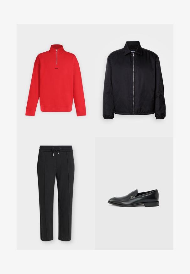Veste noire en tissu léger avec un motif texturé, fermeture à glissière intégrale et col classique. Les poignets élastiques offrent un ajustement parfait.; Pull rouge à manches longues avec col haut et demi-fermeture éclair, avec petit logo noir « HUGO » centré sous la fermeture éclair.; Pantalon noir fuselé avec une taille élastique et un cordon, présentant une subtile texture côtelée verticale.; Mocassin pour hommes en cuir noir avec talon bas, bout arrondi et petit logo métallique sur la bride, présenté en profil latéral sur un fond uni.