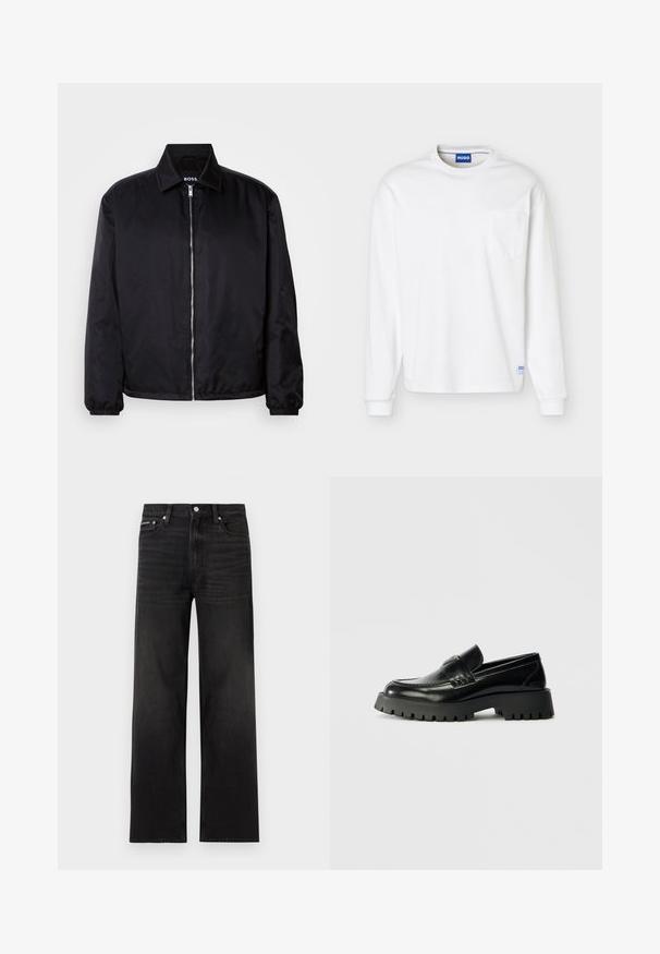 Veste noire en tissu léger avec un motif texturé, fermeture à glissière intégrale et col classique. Les poignets élastiques offrent un ajustement parfait.; Chemise blanche à manches longues avec col rond, poche poitrine et étiquette de marque bleue au col et à l'ourlet inférieur.; Jean noir droit avec cinq poches, passants pour ceinture et fermeture par bouton, présenté sur un fond blanc.; Mocassins en cuir noir avec une semelle en caoutchouc texturé et épais, dotés d'une sangle à l'avant et d'un logo discret sur le talon.