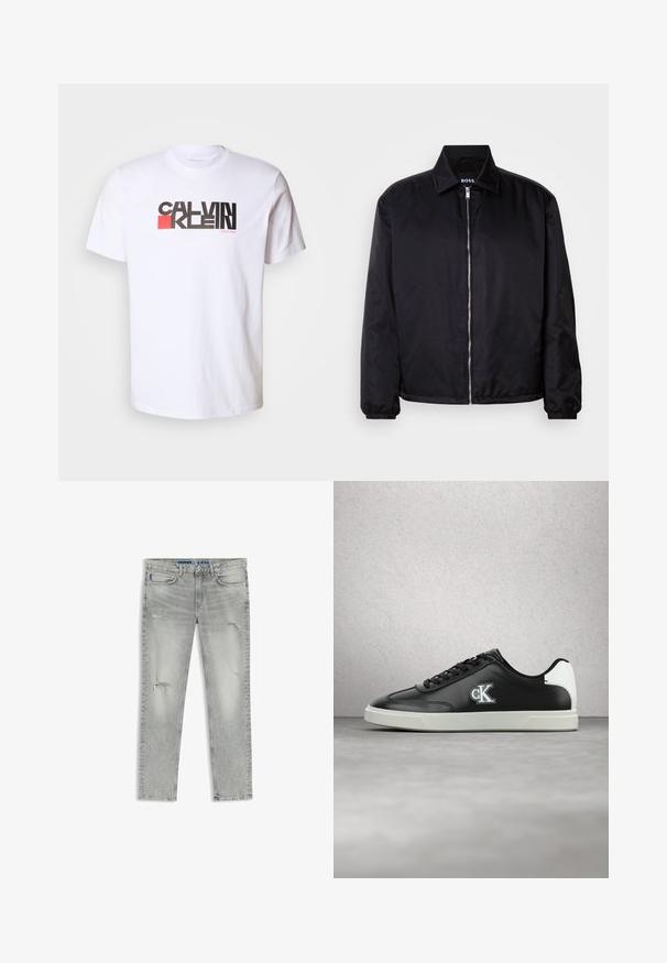 Zwarte jas gemaakt van lichtgewicht stof met een textuurpatroon, volledige ritssluiting en een klassieke kraag. Elastische manchetten zorgen voor een strakke pasvorm.; Calvin Klein Jeans REDBOX GRAPHIC TEE - T-shirt print - brilliant white; Lichtgrijze slim-fit jeans met versleten details op dijen en knieën, knoopsluiting aan de voorkant en ontwerp met vijf zakken.; Zwarte leren lage sneaker met witte zool en hielkapje, zwarte veters en CK-logo aan de zijkant, getoond tegen een grijze vloer en glazen blokken.