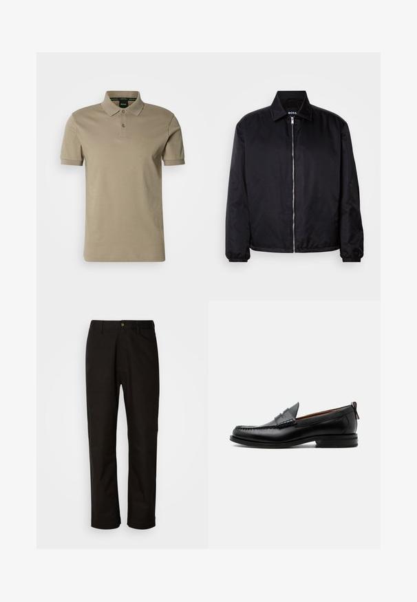 Veste noire en tissu léger avec un motif texturé, fermeture à glissière intégrale et col classique. Les poignets élastiques offrent un ajustement parfait.; Polo beige avec col classique, patte à deux boutons et manches courtes. Logo discret sur la poitrine ; tissu en coton lisse.; Pantalon en coton noir avec une coupe droite, des passants de ceinture, une fermeture éclair à l'avant et un seul bouton. Texture lisse sans motifs visibles.; Mocassin homme en cuir noir avec couture moc toe, bride penny, col texturé et petit talon empilé sur fond blanc.