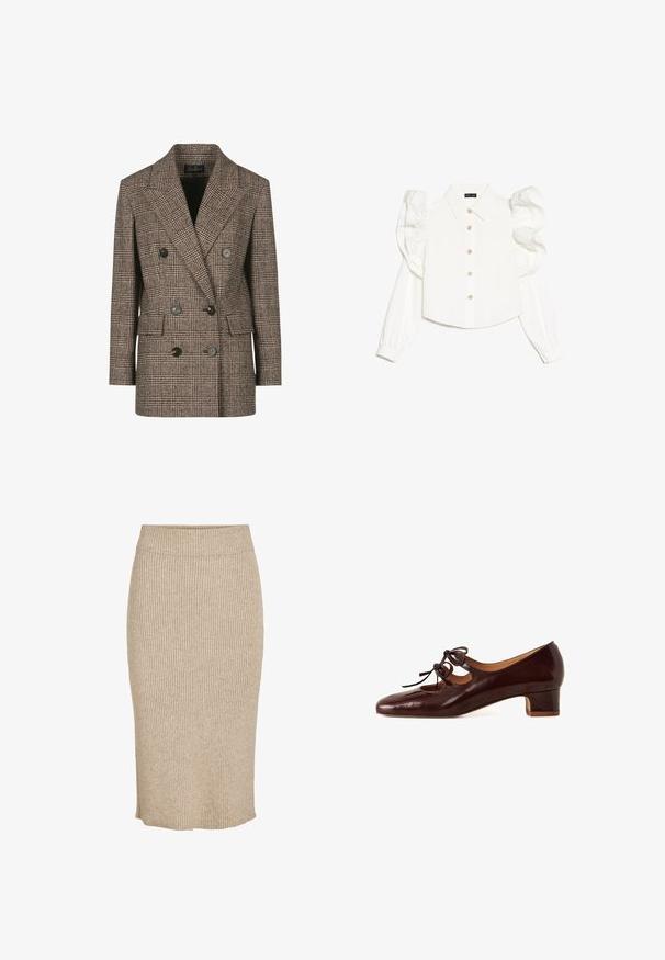 Brunternet ternet dobbeltradet blazer med notch-lapeller, store knapper og to forlommer. Tekstureret uld-blandingsstof.; Hvid langærmet bluse med puffede ærmer, klassisk krave, knaplukning foran og diskrete blomsterknapdetaljer. Glat stoftekstur.; Strik nederdel i en lys beige farve med lodret ribbestruktur, knælang med elastisk talje og lige skæring.; Brun patenteret lædersko med rund tå, lav blokhæl og dekorerede snørebånd på forsiden. Har udskæringer på siderne.