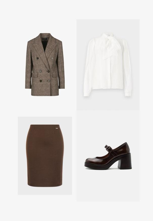 Brunternet ternet dobbeltradet blazer med notch-lapeller, store knapper og to forlommer. Tekstureret uld-blandingsstof.; Hvid bluse med høj krave, bånddetalje, lange ærmer med knapmanchetter og et struktureret, stribet stof.; Brun blyantskørter i strækstof med en glat tekstur. Har en tætsiddende silhuet og et lille metallogo på taljen.; Mørkebrun laklæder Mary Jane-sko med tyk høj hæl og justerbar rem med spænde på lys grå baggrund.