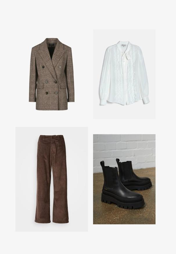 Brunternet ternet dobbeltradet blazer med notch-lapeller, store knapper og to forlommer. Tekstureret uld-blandingsstof.; Hvid bluse med lange ærmer med lodrette flæser, knapper foran, manchetærmer og en bundet sløjfe ved kraven.; Brune fløjl bukser med en bred benudskæring, der har lodrette ribber og en talje. Stoffet har et blødt, tekstureret udseende.; Sort læder ankelstøvler med elastiske sidepaneler, tykke sorte platformssåler og syninger, der har en løftesanordning for nem påtagning.