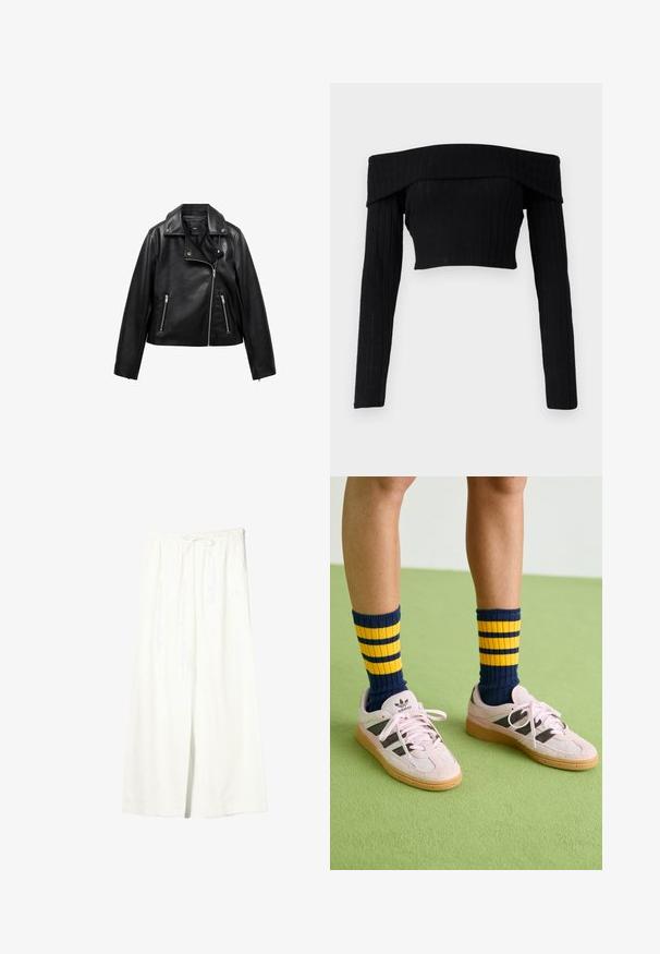 Zwarte leren motorjacks met rits aan de voorkant, twee zijzakken en een ingesneden kraag. Soepele textuur en verkorte stijl.; Zwarte off-the-shoulder ribgebreide crop top met lange mouwen, voorzien van een geplooide halslijn en een aansluitende pasvorm.; Witte linnen broek met brede pijpen, elastische tailleband en trekkoord, voorzien van zijzakken en een voorste split.; Lichtroze suède sneakers met zwarte strepen en rubberen gummizolen, gecombineerd met marineblauwe en gele gestreepte rib sokken. Groene gestructureerde vloer.