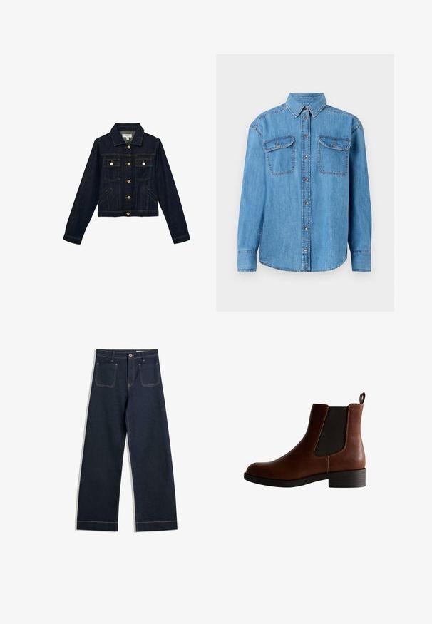 Dunkelblaue Jeansjacke mit Knopfleiste vorne, zwei Brustklappentaschen mit Knöpfen, zwei seitlichen Schlitztaschen, langen Ärmeln und einem Kragen.; Helles blaues Denim-Hemd mit langen Ärmeln, Knopfleiste vorne, zwei Brusttaschen und klassischem Kragen. Mit kontrastierenden Nähten.; Dunkelblaue weite Jeans aus Denim mit kontrastierendem hellbraunem Nähen, zwei Gesäßtaschen und einem Knopfverschluss an der Taille.; Braune Lederknöchelstiefel mit elastischen Seitenpaneelen, runder Zehenpartie und niedrigem Blockabsatz. Mit kontrastierenden Nähten und einer Zuglasche.