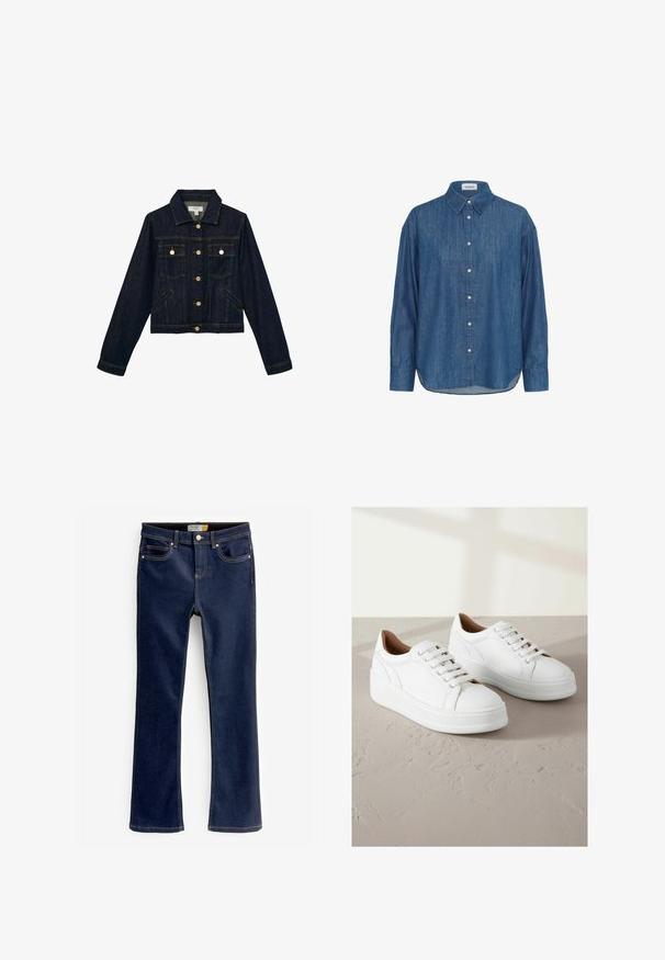 Mørkeblå denimjakke med knapper foran, to brystlommer med klap og knapper, to sidelommer med slidser, lange ærmer og krave.; Denimskjorte i mellemblå med lange ærmer, knaplukning fortil og klassisk krave. Har en let afslappet pasform og en buet kant.; Bootcut blå jeans lavet af denim, med forlommer, synlige syninger og en let flared nederste kant. Ingen slid eller dekorationer.; Hvide lædersneakers med en plateau sål, som har en rund tå, seks snørrehuller og diskrete side-syninger.