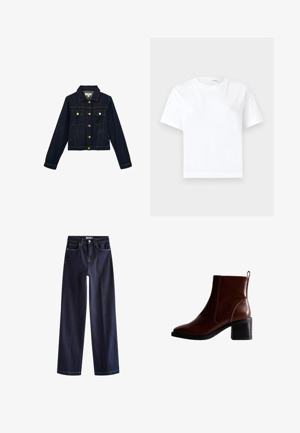Mørkeblå denimjakke med knapper foran, to brystlommer med klap og knapper, to sidelommer med slidser, lange ærmer og krave.; Hvid kortærmet bomuld t-shirt med rund halsudskæring og lige kant, vist på en hvid baggrund.; Next Jeans Straight Leg - rinse blue; Brun læder ankelstøvle med firkantet tå og sidesøm, en 7,5 cm stablet hæl og en trækflap bagpå for nem påtagning.