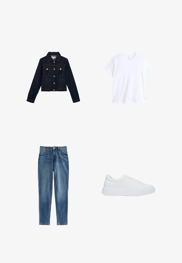 Donkerblauw spijkerjack met knoopsluiting aan de voorkant, twee borstflappenzakken met knopen, twee zijzakken met openingen, lange mouwen en een kraag.; Wit katoenen t-shirt met korte mouwen, ronde hals en rechte zoom. Heeft een klein rood logotag aan de linkeronderzijde.; Blauwe spijkerbroek met een rechte pasvorm, met een hoge taille, vijf zakken en subtiele vervaagde plekken voor textuur. Metalen knoopsluiting.; Witte leren sneakers met een ronde neus, platte veters en een dikke rubberen zool. Gladde textuur met minimale stikseldetails.