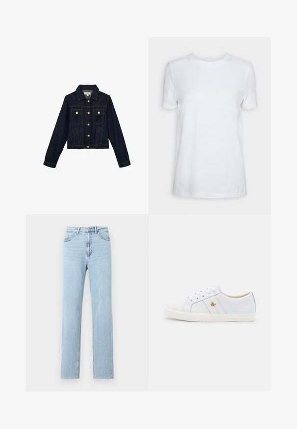Dunkelblaue Jeansjacke mit Knopfleiste vorne, zwei Brustklappentaschen mit Knöpfen, zwei seitlichen Schlitztaschen, langen Ärmeln und einem Kragen.; Schlichtes weißes T-Shirt mit kurzen Ärmeln und Rundhalsausschnitt, normaler Passform und einem kleinen Innenhalsetikett mit der Aufschrift „SELECTED FEMME.“; Hellblaue Jeans mit geradem Bein, Vorderentaschen, Gürtelschlaufen sowie einem Knopf- und Reißverschluss.; Lauren Ralph Lauren JANSON II ACTION LEATHER SNEAKER - Sneaker low - real white