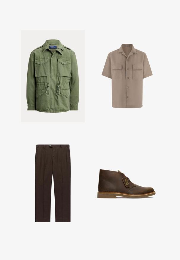 Olijfgroene utiliteitsjas met vier klepzakken, taillekoord, ritssluiting en knopen aan de voorkant, en een omgeslagen kraag, Polo by Ralph Lauren label.; Beige overhemd met korte mouwen, knopen aan de voorkant, twee klepzakken voorop en een spreidkraag, tentoongesteld op een witte achtergrond.; Bruine op maat gemaakte broek van lichtgewicht stof met een rechte pijp, met een frontknopen sluiting en twee zijzakken.; Bruine leren desert boots met een ronde neus, gestikte details en een tan rubberen zool; heeft een geëtiketteerde lederen label aan de zijkant.