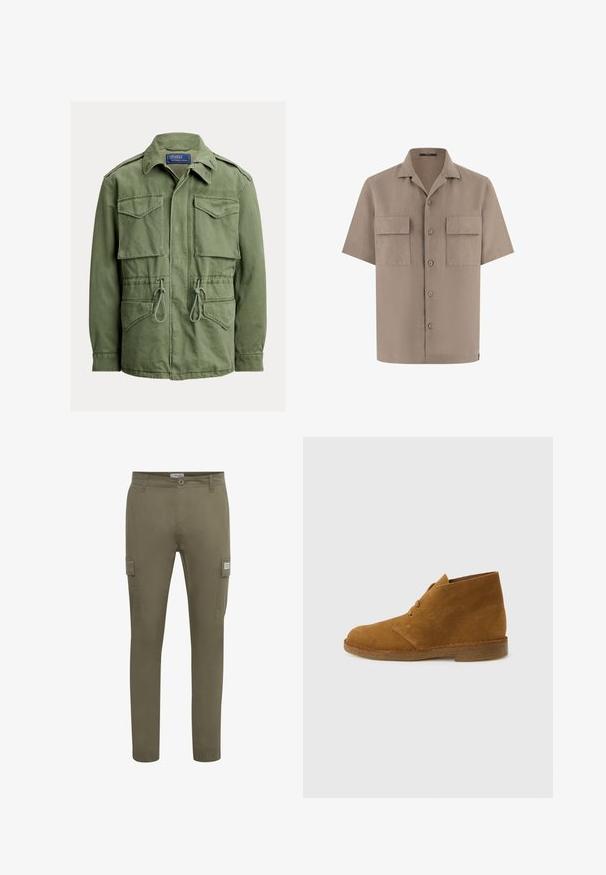 Oliven grøn arbejdsjakke med fire klaplommer, snøre i taljen, lynlås og knapper foran samt en foldet krave, Polo fra Ralph Lauren-mærket.; Beige kortærmet skjorte med knapper, to frontlommer med klap og en spredt krave, vist på hvid baggrund.; Olivenfarvede cargo bukser lavet af letvægtsstof, med lige pasform, sidelommer og elastiske manchetter ved anklerne.; Brun ruskinds ørkenstøvle, ankelhøj, med to snørehuller og crepesål på ensartet lysegrå baggrund.