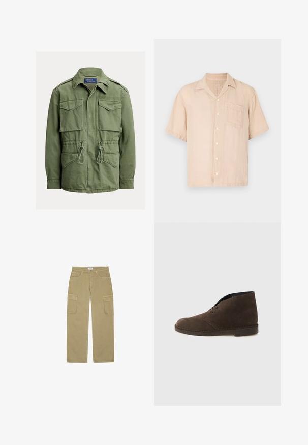 Chaqueta utilitaria verde oliva con cuatro bolsillos con solapa, cintura con cordón, cremallera y botones en la parte delantera y cuello doblado, etiqueta Polo de Ralph Lauren.; Camisa de lino de manga corta, color beige claro, con cuello puntiagudo, cierre de botones en la parte delantera y un bolsillo en el pecho. Textura suave y corte holgado.; Pantalones cargo caqui de pierna ancha, con cierre de botón, presillas para cinturón y grandes bolsillos con solapa en ambos muslos.; Botín marrón de ante con dos ojales, tacón bajo y suela cosida sobre un fondo liso de color gris claro.