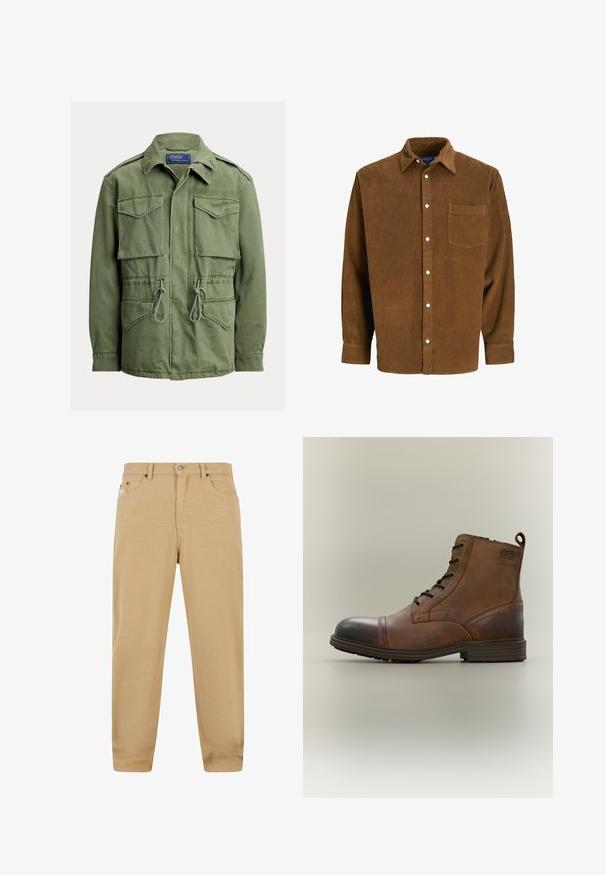Chaqueta utilitaria verde oliva con cuatro bolsillos con solapa, cintura con cordón, cremallera y botones en la parte delantera y cuello doblado, etiqueta Polo de Ralph Lauren.; Camisa de pana marrón con cuello tipo botón, botones blancos y un bolsillo en el pecho. Presenta una textura de rayas verticales y mangas largas.; Pantalones de algodón beige con corte recto, que cuentan con un cierre de cremallera, cinco bolsillos y sutiles detalles de costura. Textura suave y diseño clásico.; Bota de cuero marrón con cordones hasta el tobillo, puntera negra, suela redonda y detalle de marca en el lateral sobre un fondo liso.