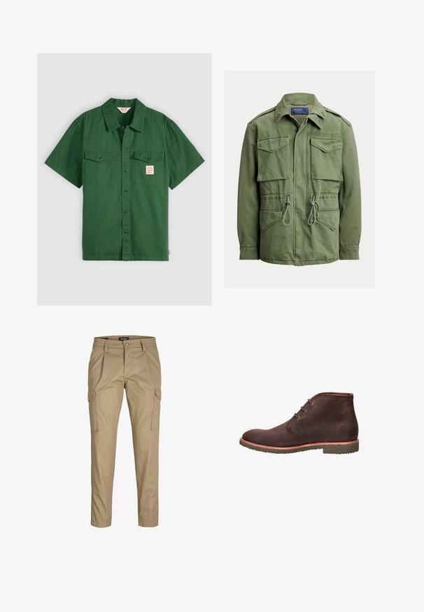 Olijfgroene utiliteitsjas met vier klepzakken, taillekoord, ritssluiting en knopen aan de voorkant, en een omgeslagen kraag, Polo by Ralph Lauren label.; Korte mouwen groene katoenen shirt met knoopsluiting, twee borstzakken en een klein label op de linkse zak. Effen, geen patronen.; Beige cargobroek gemaakt van een katoenmix. Beschikt over twee zijzakken, een knoopsluiting en een rechttoe-rechtaan pasvorm. Glad textuur en op maat gemaakt.; Donkerbruine leren enkelboot met drie veterogen, lichtbruine zool en een getextureerde rubberen buitenzool, zijaanzicht.