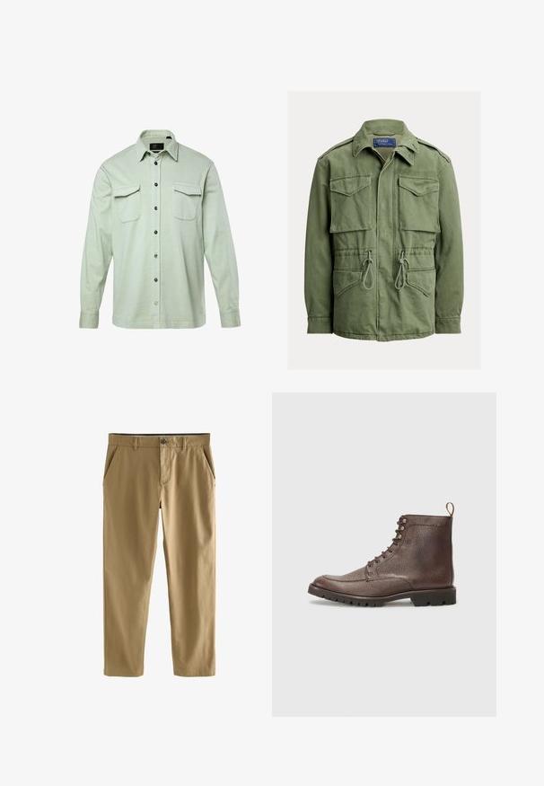 Oliven grøn arbejdsjakke med fire klaplommer, snøre i taljen, lynlås og knapper foran samt en foldet krave, Polo fra Ralph Lauren-mærket.; Lys grøn langærmet skjorte med knapfront, to brystlommer og sorte knapper. Fremstillet af tekstureret stof, med foldet krave og manchetter.; Beige afslappede bukser med knap- og lynlås-lukning, bæltestropper og forlommer, vist på hvid baggrund.; Hackett London SLOANE APRON - Snørestøvletter - dark mocca brown