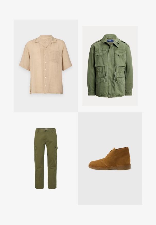 Oliivroheline praktiline jakk nelja klapiga tasku, nööriga vöökoht, esiküljel lukk ja nööbid ning voltidega krae, Polo by Ralph Lauren silt.; Lühikeste varrukatega beež linane särk, millel on lõhikuga krae, eesmine tasku ja valged nööbid. Tekstuuriga kangas, mugav lõige ja sirge äär.; Õlivärvi cargo-püksid, sirge lõikega, ees- ja küljetaskud ning nupuga sulgemine. Valmistatud vastupidavast puuvillasegust.; Pruun seemisnahast pahkluni kõrge kõrbesaabas kahe silmusega ja krekse tallaga lihtsal helehallil taustal.