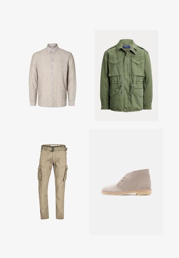 Olivgrüne Utility-Jacke mit vier Klappentaschen, Taillenzug, Reißverschluss- und Knopfleiste vorne sowie einem umgelegten Kragen, Polo von Ralph Lauren-Label.; Helles graues Leinenhemd mit langen Ärmeln, geknöpftem Kragen und vorderer Knopfleiste. Textil mit einer dezenten Struktur.; Beige Cargohosen mit mehreren Taschen, darunter Klappentaschen an den Seiten, und einem passenden Stoffgürtel mit Schnallverschluss.; Beiger Wildleder-Stiefelette mit Zwei-Ösen-Schnürung, Kreppsohle und niedrigem gestapeltem Absatz, seitlich auf einfarbigem Hintergrund gezeigt.