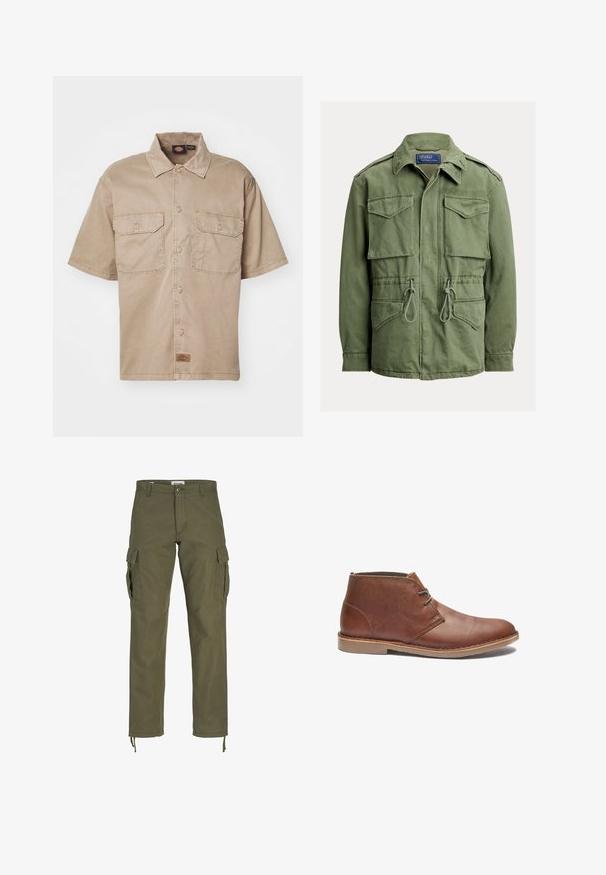 Olijfgroene utiliteitsjas met vier klepzakken, taillekoord, ritssluiting en knopen aan de voorkant, en een omgeslagen kraag, Polo by Ralph Lauren label.; Korte mouw, beige shirt van katoen met een knoopsluiting aan de voorkant, twee borstzakken en een klein merklabel aan de onderkant.; Olijfgroene cargobroeken, gemaakt van katoen. Kenmerken zijn meerdere zijzakken, een knoopsluiting en verstelbare hemden bij de enkels.; Bruine leren enkellaarzen met een strakke vormgeving, voorzien van een eenvoudige vetersluiting, een ronde neus en een rubberen zool. Soepele textuur met gestikte accenten.