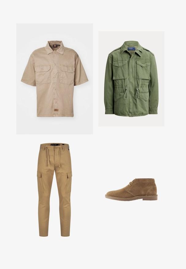 Chaqueta utilitaria verde oliva con cuatro bolsillos con solapa, cintura con cordón, cremallera y botones en la parte delantera y cuello doblado, etiqueta Polo de Ralph Lauren.; Camisa de manga corta, color beige, de algodón, con cierre de botones en el frente, dos bolsillos en el pecho y una pequeña etiqueta de marca en la parte inferior.; Pantalones cargo color caqui con cintura ajustable, ajuste tapered y bolsillos laterales; fabricados con una tela ligera y texturizada.; Zapato casual marrón de ante hasta el tobillo con dos ojales para cordones y suela cosida sobre fondo blanco, vista lateral.