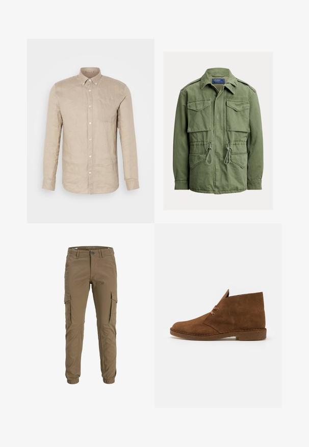 Olivgrüne Utility-Jacke mit vier Klappentaschen, Taillenzug, Reißverschluss- und Knopfleiste vorne sowie einem umgelegten Kragen, Polo von Ralph Lauren-Label.; Beige Leinen-Hemd mit langen Ärmeln, einer Brusttasche und weißen Knöpfen. Glatte Textur, lockere Passform und spitzer Kragen.; Jack & Jones JPSTPAUL JJFLAKE ANA NOOS - Cargohose - brindle; Braune Wildleder-Ankelstiefel mit rundem Zehenbereich, minimaler Naht, kurzer Zunge und Gummisohle für Trittsicherheit.