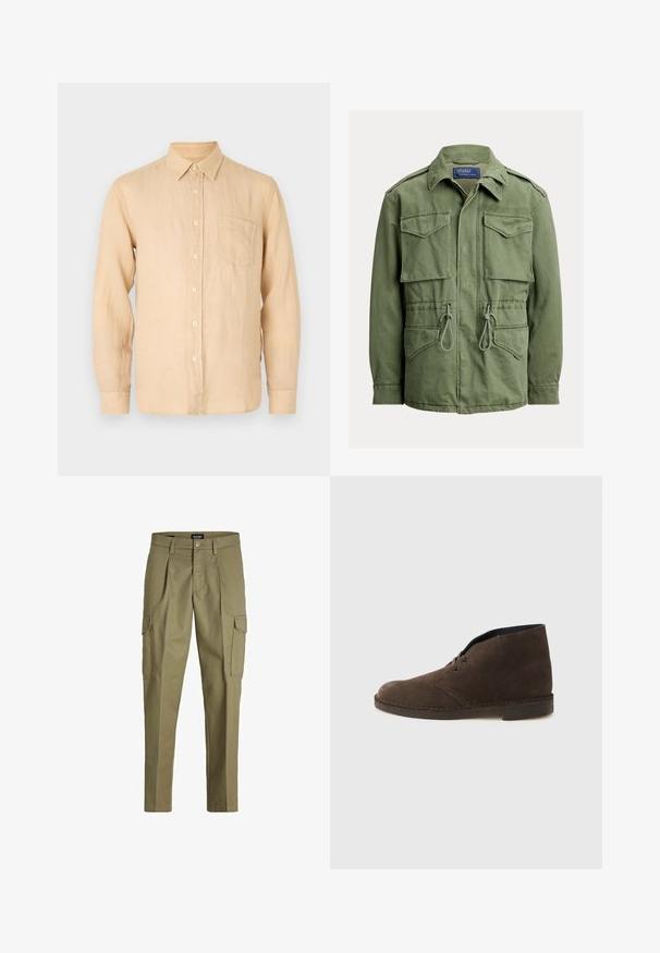 Oliivroheline praktiline jakk nelja klapiga tasku, nööriga vöökoht, esiküljel lukk ja nööbid ning voltidega krae, Polo by Ralph Lauren silt.; Beige pikkade varrukatega linane särk, millel on nööbid alla ja ees tasku, sile, veidi tekstureeritud pind. Klassikaline lõige ja lihtne disain.; Oliivrohelised cargo püksid, valmistatud vastupidavast kangast, pleatide, kahe küljetasku ja nupuga reguleeritava vöökohtadega.; Pruun seemisnahast pahkluu saabaste paar kahe silmusega, madal konts ja õmmeldud tallaga, taustal helehall ühtlane pind.