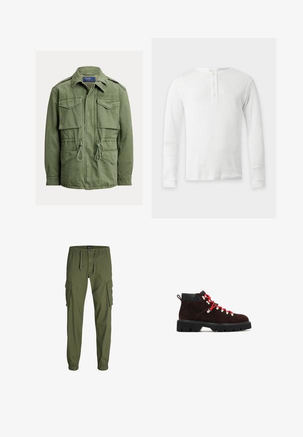 Veste utilitaire vert olive avec quatre poches à rabat, taille à cordon, fermeture éclair et boutons sur le devant, col plié, étiquette Polo par Ralph Lauren.; T-shirt thermique blanc à manches longues avec col rond et patte de boutonnage à trois boutons, présenté à plat sur fond clair.; Pantalons cargo vert olive avec taille élastique, cordon de serrage, deux grandes poches latérales et bas fuselés. Fabriqués en tissu durable.; Des bottes de randonnée en daim marron avec des lacets rouges, des œillets en métal et une semelle en caoutchouc noir au design robuste pour une meilleure adhérence.