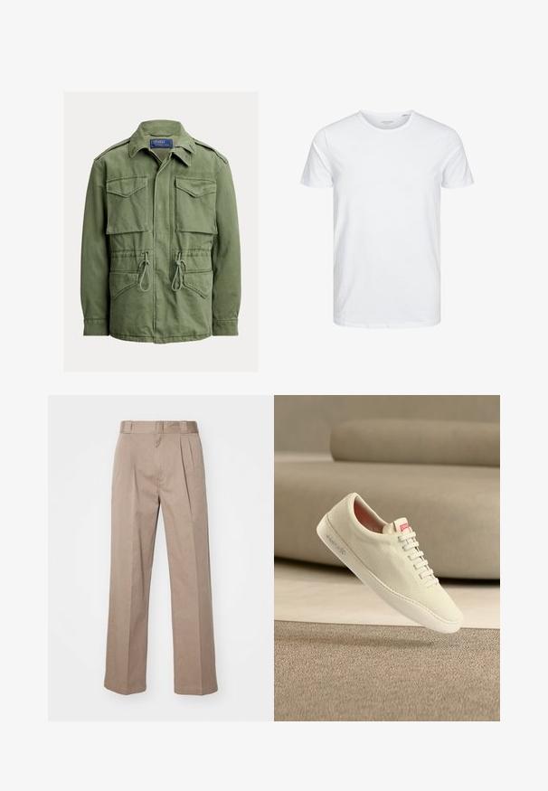 Oliivroheline praktiline jakk nelja klapiga tasku, nööriga vöökoht, esiküljel lukk ja nööbid ning voltidega krae, Polo by Ralph Lauren silt.; Ümmarguse kaelusega lühikeste varrukatega T-särk, mis on puhtast valgest pehmest puuvillast, omab lihtsat disaini ilma nähtavate mustrite või aktsentideta.; Bežid kõrge vöökohaga püksid, millel on laiad sääred. Omavad kaht esist kurru ja siledat tekstuuri. Standardne pikkus ja puhas viimistlus.; Heledalt beež vabaajajalats tekstuurse kootud pealismaterjaliga, valge kummist talla ja roosa logoga detailiga. Omab kuut paelasilma ja minimalistlikku disaini.