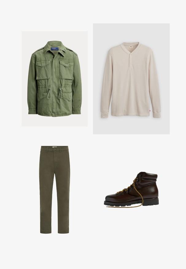 Oliven grøn arbejdsjakke med fire klaplommer, snøre i taljen, lynlås og knapper foran samt en foldet krave, Polo fra Ralph Lauren-mærket.; Langærmet henley-skjorte i lys beige ribbet stof, med V-hals, tre-knap placket og manchetter ved ærmerne. Rød logo-tags ved kanten.; Herregrønne casual bukser med lige ben, knaplukning og bæltestropper, designet til hverdagsbrug.; Brun læder vandrestøvle med en afrundet tå, tekstureret overflade, gule snørebånd og metaløjer. Har en robust sort gummisål.