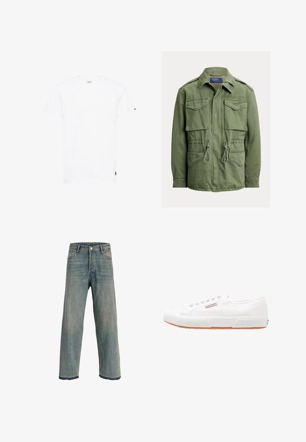 Veste utilitaire vert olive avec quatre poches à rabat, taille à cordon, fermeture éclair et boutons sur le devant, col plié, étiquette Polo par Ralph Lauren.; T-shirt en coton blanc avec un col rond, des manches courtes et une coupe droite. Présente un petit logo noir sur la manche gauche.; Jean bleu clair à jambe droite, taille haute, design cinq poches, fermeture par bouton et fermeture éclair, et ourlets effilochés avec détails de couture foncée.; Baskets en toile blanches avec une semelle en caoutchouc, design à lacets et une petite étiquette logo sur le côté. Tige blanche texturée et semelle extérieure marron.