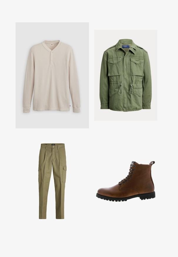 Olivovo zelená pracovná bunda so štyrmi vreckami s klopou, sťahovaním v páse, zipsom a gombíkmi vpredu a so zloženým golierom, štítok Polo by Ralph Lauren.; Pánska dlhá rukávová hennley košeľa z ľahkej béžovej rebrovanej látky, s výstrihom do V, troj.gombíkovou légou a manžetami. Červená logo nášivka na leme.; Kargo nohavice v olivovo zelenej farbe, vyrobené z odolného materiálu, s plisovaním, dvomi bočnými vreckami a nastaviteľným pásom so zapínaním na gombík.; Hnedé kožené členkové topánky s textúrovaným povrchom, kovovými očkami a čiernou gumovou podrážkou s výrazným dezénom. Obsahujú pútko na zadnej strane pre jednoduchšie obúvanie.