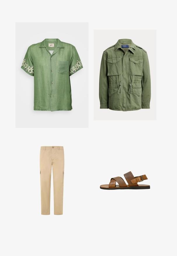 Olivgrüne Utility-Jacke mit vier Klappentaschen, Taillenzug, Reißverschluss- und Knopfleiste vorne sowie einem umgelegten Kragen, Polo von Ralph Lauren-Label.; Kurzarm-Hemd aus grünem Leinen mit Knopfleiste, aufgesetzter Tasche und filigranem cremefarbenen Wirbelmuster an den Ärmeln. Leichter und atmungsaktiver Stoff.; Beige Cargo-Hosen aus Baumwolle mit geradem Bein, zwei Seitentaschen und einem Knopfverschluss an der Taille. Glatte Textur.; Braune Ledersandale mit zwei breiten Kreuzriemen, Knöchelriemen mit Metallschnalle und flacher schwarzer Sohle auf weißem Hintergrund.