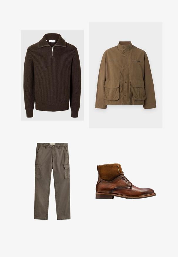 Chaqueta marrón abotonada con cuello alto, bolsillo en el pecho con cremallera, dos grandes bolsillos frontales con solapa y texto impreso sutil en el pecho izquierdo.; Selected Half-zip Knitted Wool Blend - Jersey de punto - chocolate torte; Pantalones cargo marrones con bolsillos laterales con solapa, trabillas para cinturón, cierre de botón y bolsillos frontales inclinados, colocados planos sobre un fondo blanco.; Kazar ALID - Botines con cordones - brown