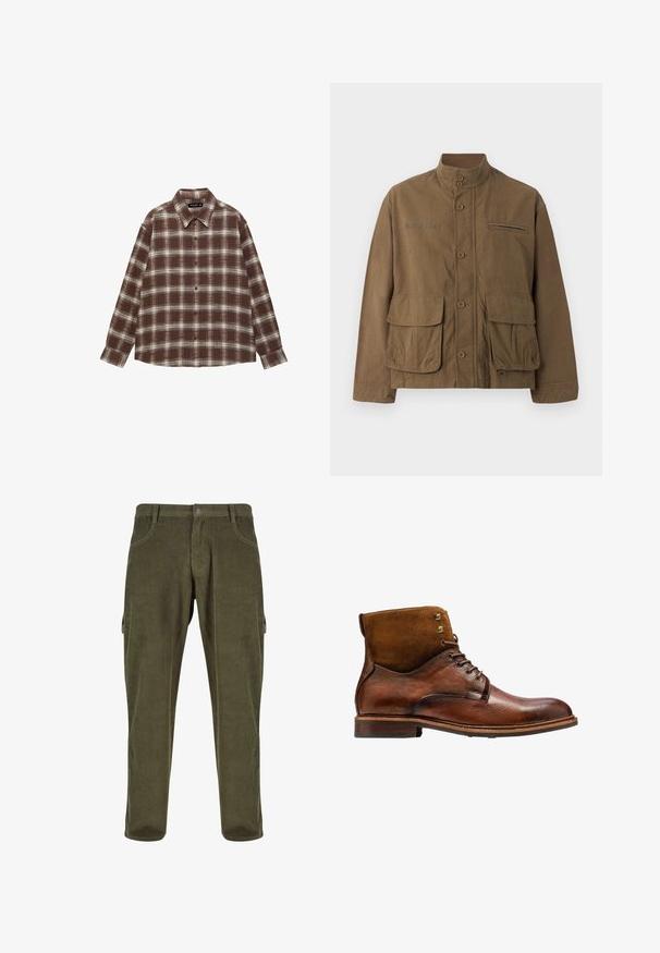 Veste marron à boutons avec col montant, poche poitrine zippée, deux grandes poches à rabat devant et texte imprimé discret sur le côté gauche de la poitrine.; Chemise à manches longues à carreaux marron et blanc avec col et boutons, posée à plat sur un fond blanc.; Pantalons en velours côtelé vert olive avec une coupe droite, poches avant et poches latérales de style cargo. Texture côtelée verticale sur l'ensemble.; Kazar ALID - Bottines à lacets - brown