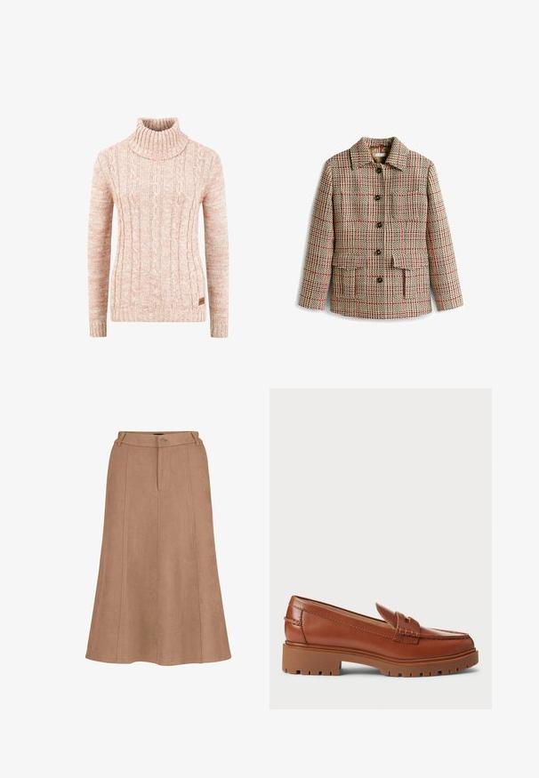 Tweedjas in beige met een geruit patroon, voorzien van rode accenten, een kraag, knoopsluitingen en zakken aan de voorkant.; Gebreide coltrui in zacht perzik met een gestructureerd kabelpatroon, lange mouwen en een geweven merklabel aan de zoom.; Bruine A-lijn rok met details van de voorste naad, riemlussen en een knoopsluiting in de taille.; Bruine leren instappers met een moccasin teenontwerp, zichtbare stiksels en een chunky, gestructureerde rubberen zool. Accenten van goudkleurig beslag.