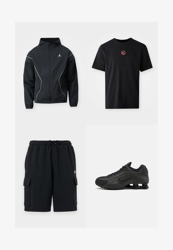 Schwarze Windjacke mit Kapuze, weißen Akzentnähten und gesticktem Logo auf der Brust. Elastische Bündchen und Saum für eine enganliegende Passform.; Schwarzes kurzärmeliges T-Shirt aus Baumwolle mit einem sechseckigen roten und weißen Nike-Logo auf der Brust und einem abgerundeten Ausschnitt.; Schwarze Baumwoll-Cargoshorts mit elastischem Bund und Kordelzug, ausgestattet mit zwei Seitentaschen und einem kleinen Logoakzent.; Schwarze Laufschuhe mit einem glatten synthetischen Obermaterial, durchbrochenen Akzenten, strukturierten Seitenpaneelen und einer ausgeprägten federnden Sohle.