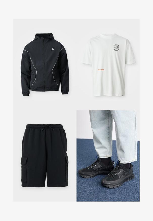 Sort vindjakke med hætte, hvid kantstikning og broderet logo på brystet. Elastiske manchetter og kant for en tætsiddende pasform.; Hvid kortærmet t-shirt med et sort-hvidt abstrakt fossil-design på venstre bryst og orange tekst "Texas Fossils" på fronten.; Sorte cargoshorts i bomuld med elastisk talje og snøre, der har to sidelommer og et lille logo.; Sorte træningssko med tekstureret stof og gummisåler, udstyret med elastiske snørebånd og en blå detalje på hælen. Bæres med lyse denimbukser.
