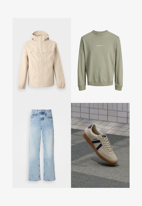 Chaqueta beige con capucha, cremallera frontal, solapa en el bolsillo del pecho, puños elásticos y un sutil logo de Timberland en el pecho y la manga.; Sudadera de color verde oliva claro con cuello redondo, mangas largas y puños, bajo y cuello acanalados. Texto blanco "Originals Studio" en el pecho.; Vaqueros de pierna ancha en azul claro con una alta cintura, que presentan un acabado desgastado, cinturillas y un clásico diseño de cinco bolsillos. El dobladillo es sin acabar.; Zapatilla beige con acabado texturizado, rayas azul marino y suela de goma. Presenta una lengüeta acolchada y un sistema de cordones tradicional para un ajuste seguro.