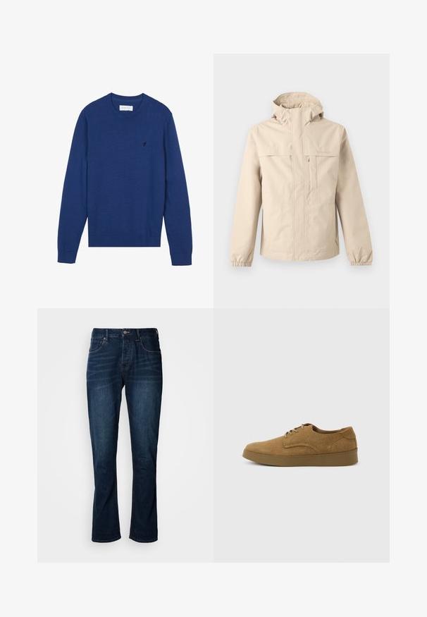 Beige hættejakke med for-lynlås, brystlomme med klap, elastiske manchetter og diskret Timberland-logo på bryst og ærme.; Mørkeblå striktrøje med rund halsudskæring, lange ærmer og ribbede manchetter. Har et lille broderet logo på brystet.; Mørkeblå denim jeans med lige ben, med orange syning, en metalknap og klassisk fem-lomme design.; Brun ruskindslærredsko med snørebånd og flad gummisål, set fra siden på en ensfarvet lys baggrund.